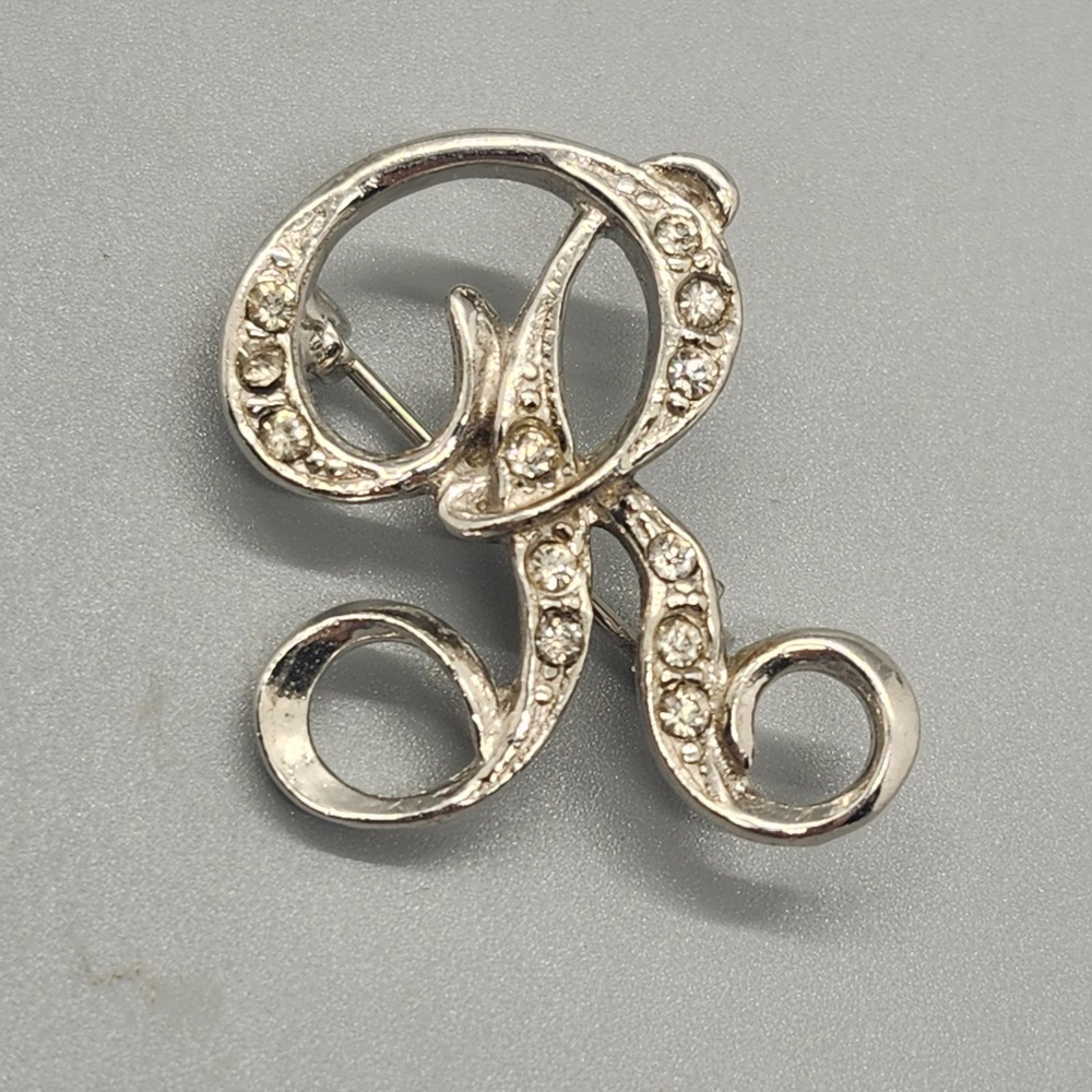 Vintage Silver Tone Rhinestone Letter R Initial Brooch Pin Sparkly Script Design